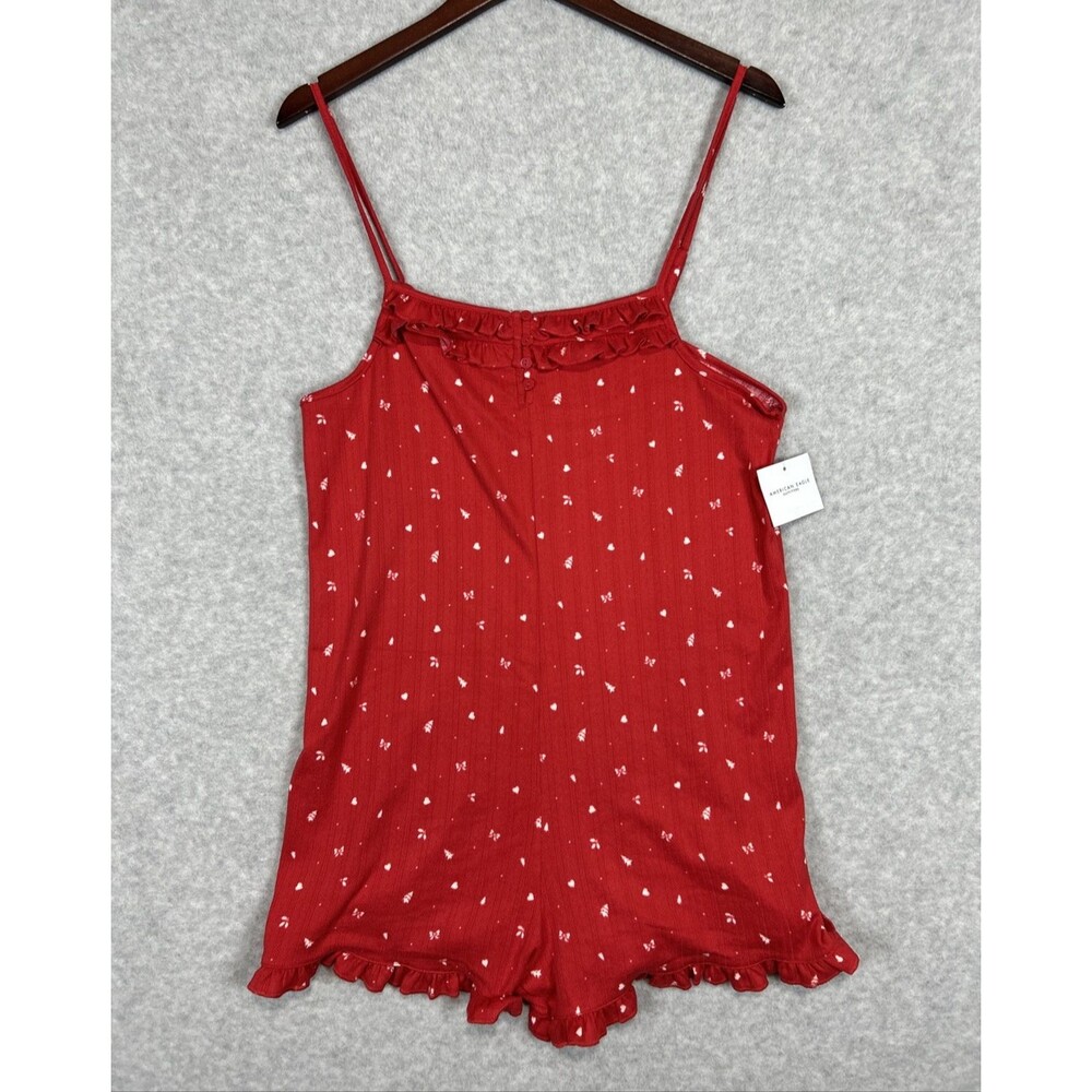 American Eagle AE Lounge Womens M Red Christmas Print Ribbed Knit Romper NWT
